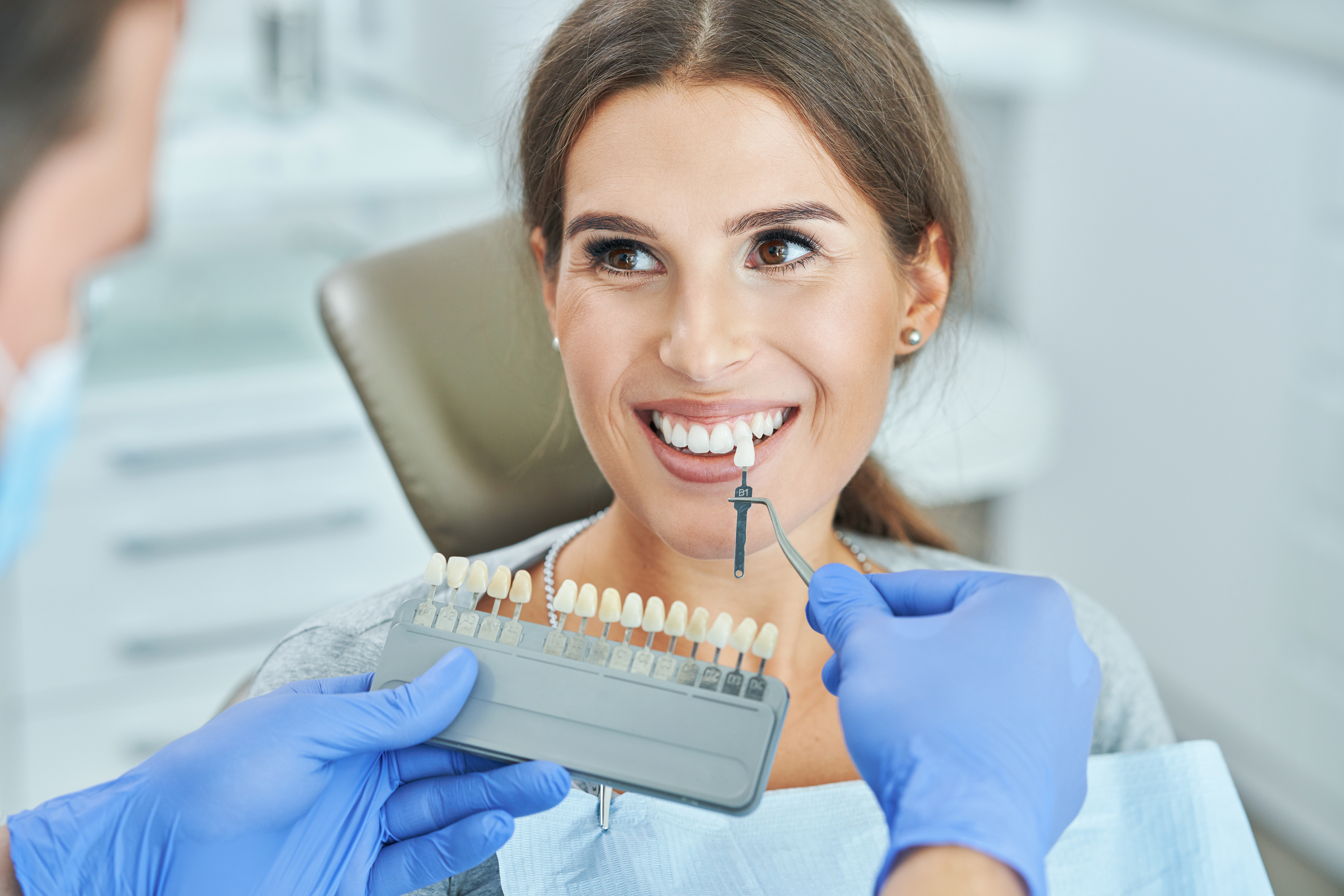 Dentist and Woman Choosing Tooth Shade for Whitening